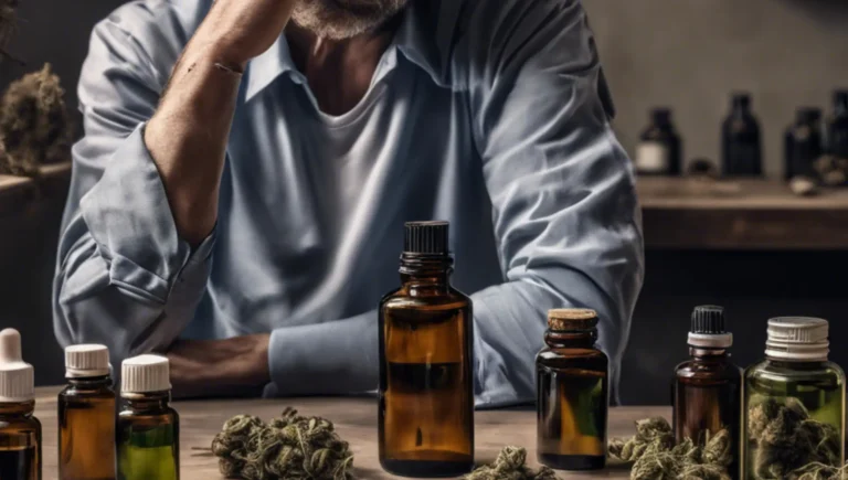 Man in pain sitting at a table with dried cannabis buds and bottles of essential oils in front of him.