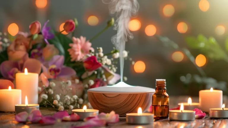 An aromatherapy diffuser with a bottle of Rosalina essential oil