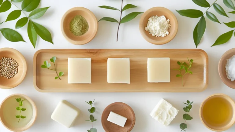 3 homemade lotion bars on a wooden tray