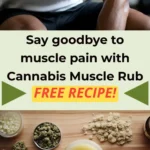 A muscular man rubbing a CBD balm into his bicep muscle above a flay lay overview of the ingredients needed to make the balm.