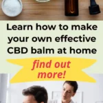 A flat lay overview of the ingredients needed to make CBD balm above a seated man holding his sore neck while a woman tries to massage the area.