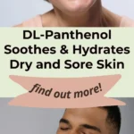 A smiling woman and a bearded man spraying his face with a DL-Panthenol mist. Both have beautiful skin.