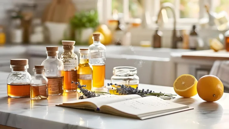 Bottles of essential oils, fresh citrus fruit and lavender sprigs with a notebook on a kitchen counter.